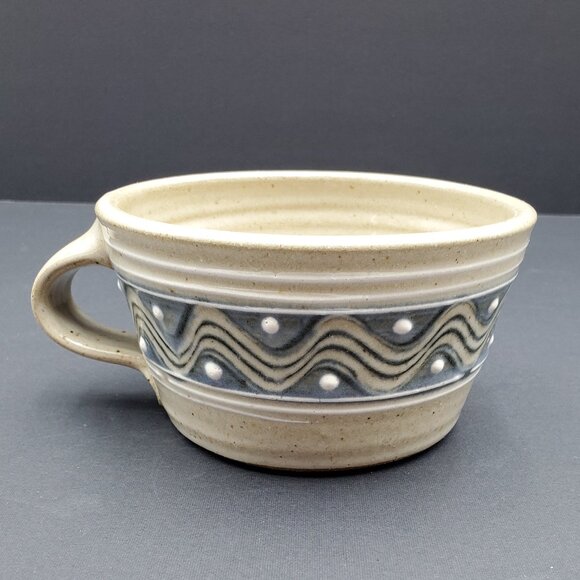 Pottery Mugs Gray Tan Blue White Rustic Ribbed Embossed Pottery Mugs - Picture 8 of 9